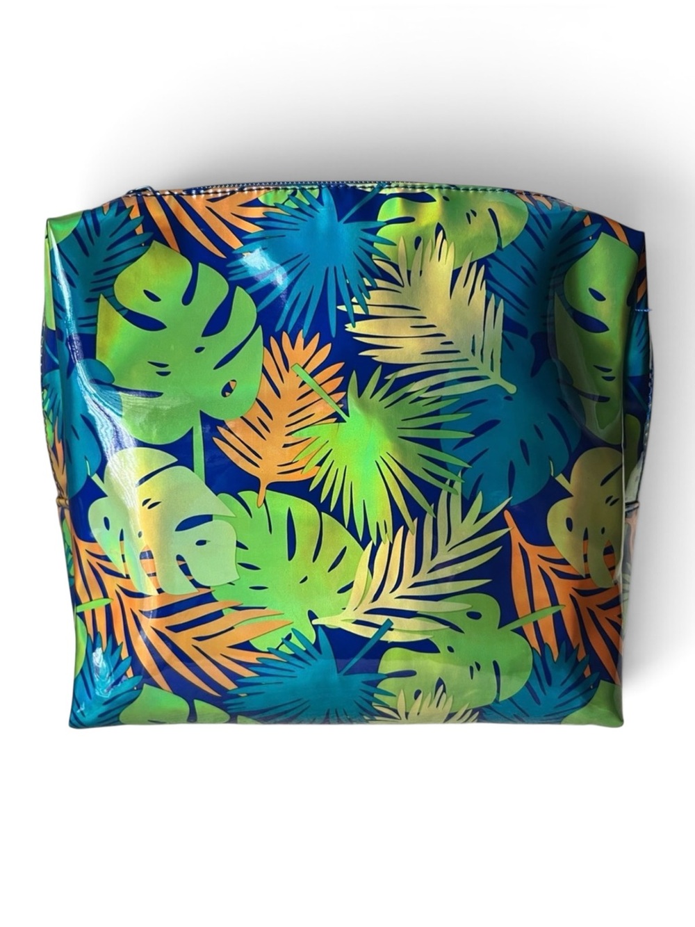 Fresh Face Green Tropical Palm Leaf Glossy Vinyl Makeup Bag